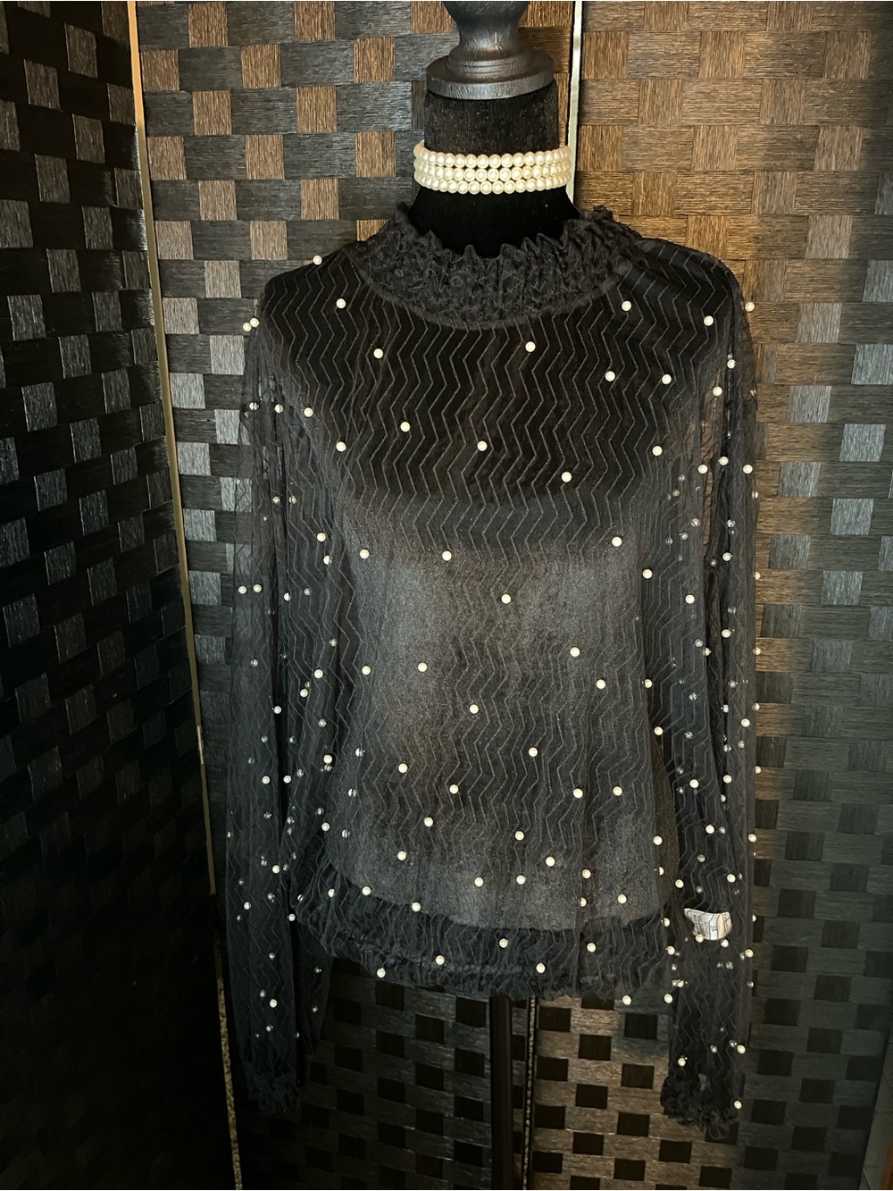 Sheer Black Pearl-Embellished Long-Sleeve Top